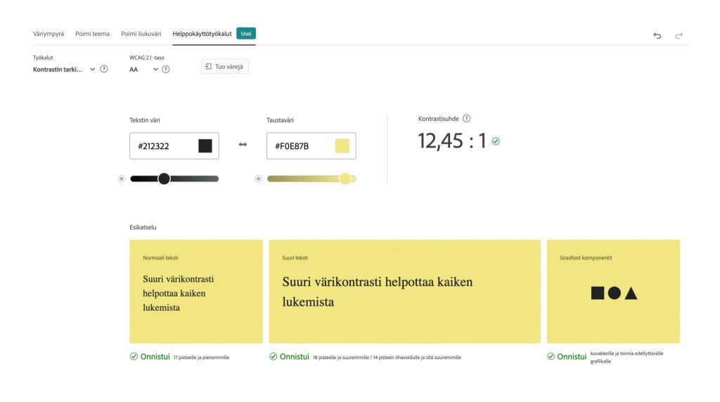 Adoben työkalulla testataan värien kontrastisuhdetta.