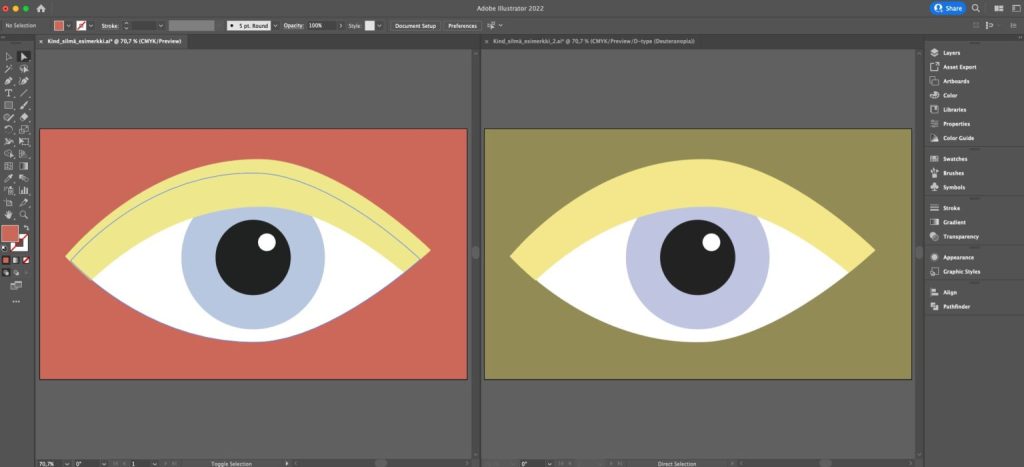 Adobe Illustratorissa näkyy vasemmalla normaalinäkymä ja oikealla punavihersokean näkymä.