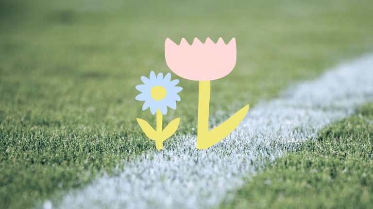 Pelikentän nurmi, jossa kaksi graafista kukkaa.